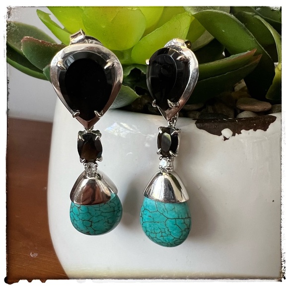 BLACK ONYX AND TURQUOISE DETACHABLE TEAR DROP EARRINGS - Picture 1 of 12
